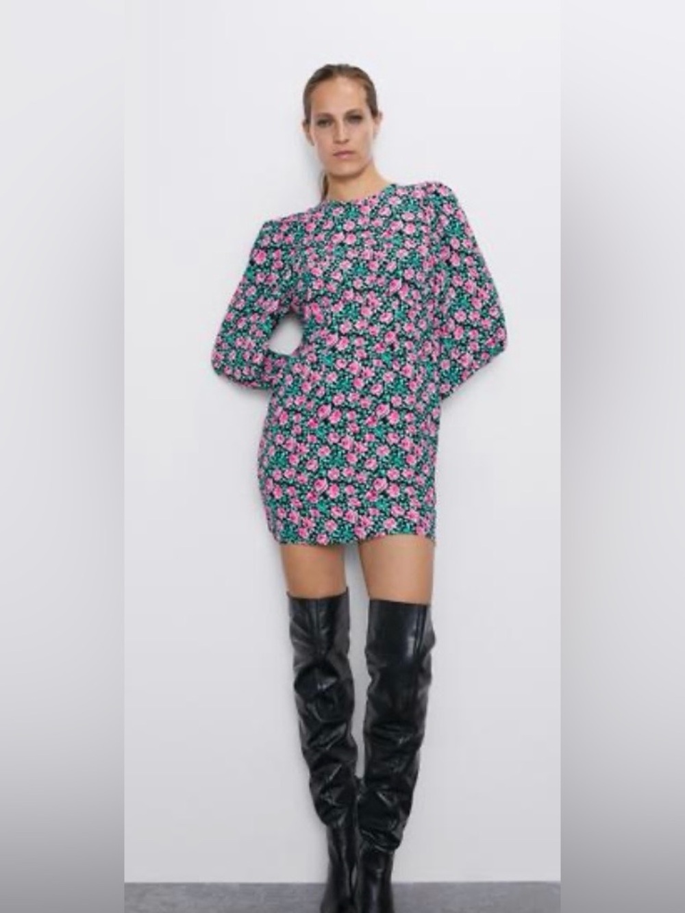 Zara Black Mini Dress with Pink Floral Print